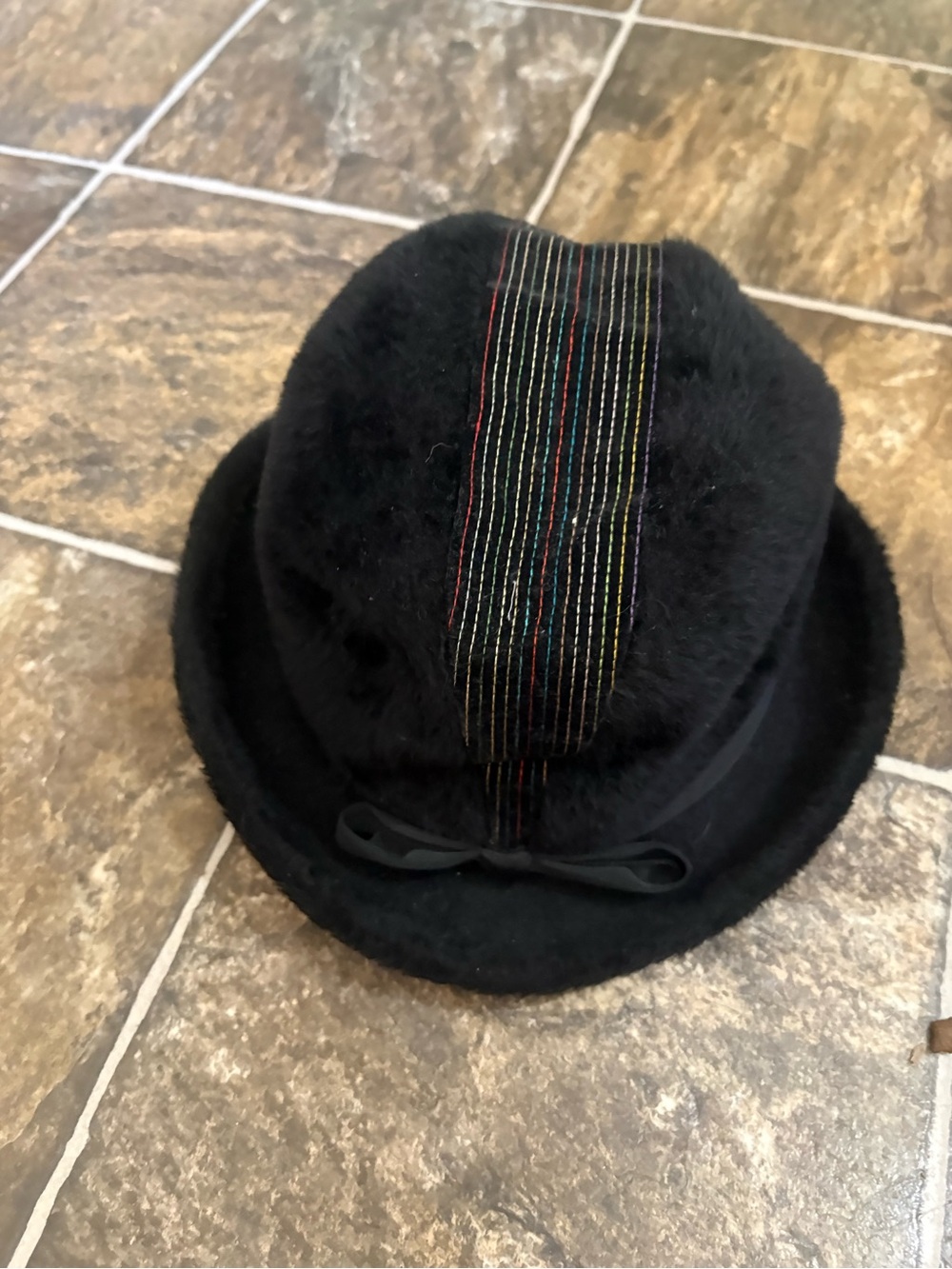 Black Fuzzy Cloche Hat with Rainbow Pinstrip Ribbon